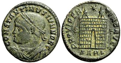 AE3 de Constantino II como cesar. PROVIDENTIAE CAESS. Puerta de campamento. Arlés 822294.m