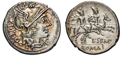 Denario forrado de la gens Sempronia. L. SEMP - ROMA . Los Dióscuros a caballo a dcha. Roma. 2438358.m