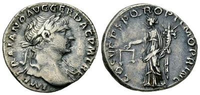 Denario de Trajano. COS V P P SPQR OPTIMO PRINC. Equidad estante a izq. Roma 3038037.m