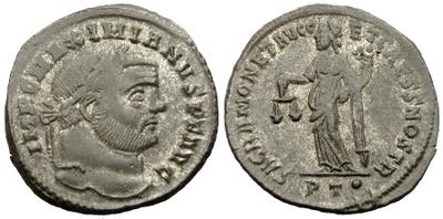 Nummus de Maximiano Hércules. SACRA MONET AVGG ET CAESS NOSTR. Moneda a izq. Ticino 3581190.m