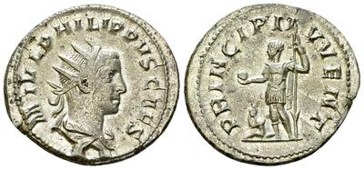 Antoniniano de Filipo II. PRINCIPI IVVENT. Cesar a izq. con cautivo a sus pies. Roma 4638670.m