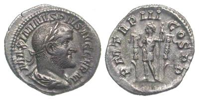 Denario de Maximino I. P M TR P III COS P P. Emperador entre estandartes. Roma 2523639.m