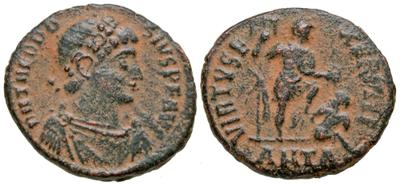 AE2 o Maiorina de Teodosio I. VIRTVS EXERCITI. Emperador pisando a cautivo. Antioquía 8954840.m