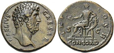 Sestercio de Elio. T R POT COS II / CONCORD. Concordia sentada a izq Roma 3482148.m