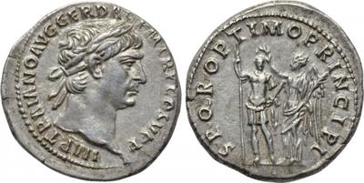 Denario de Trajano. SPQR OPTIMO PRINCIPI. Emperador coronado por victoria. Roma 2977828.m