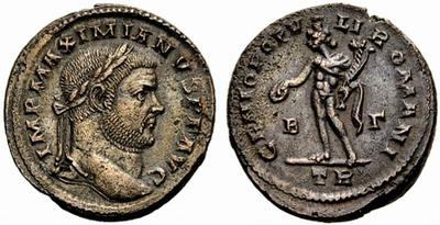 Nummus de Maximiano Hércules. GENIO POPV-LI ROMANI. Genio estante a izq. Trier. 787207.m