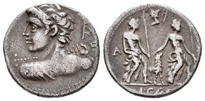 Denario gens Caesia. L. CAESI. Los dos dioses Lares sedentes. Sur de Italia?. 7386150.m