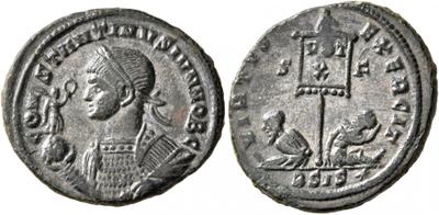 AE3 de Constantino II. VIRTVS EXERCIT. Cautivos entre estandarte. Siscia 6116429.m