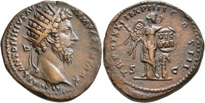 Dupondio de Marco Aurelio. IMP VI COS III /S C. Victoria 7452128.m
