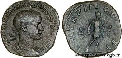 Sestercio de Gordiano III. P M TR P V COS II P P. Emperador con lanza y globo. Roma 50229.m