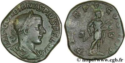 Sestercio de Gordiano III. P M TR P V COS II P P. Emperador con lanza y globo. Roma 50238.m