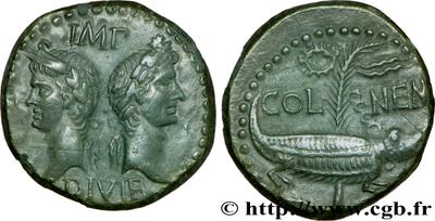 Dupondio de Augusto y Agrippa. COL NEM. Cocodrilo encadenado a una palmera. Nîmes 464524.m