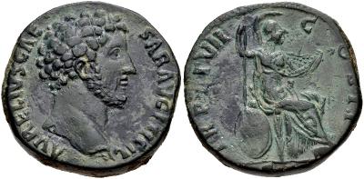 Sestercio de Marco Aurelio. TR POT VII COS II - S C. Minerva sedente a dcha. Roma. 774936.m