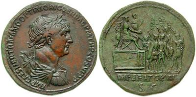 Sestercio de Trajano. IMPERATOR VIII / S C. Trajano sedente a dcha. sobre tribuna. Roma. 121826.m