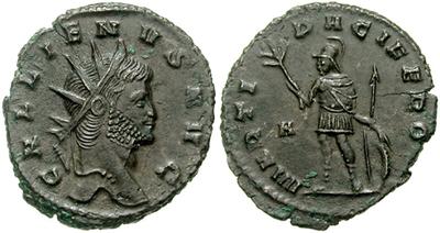 Antoniniano de Galieno. MARTI PACEFERO. Marte estante a izq. Roma 31013.m