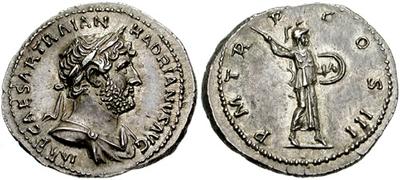 Denario de Adriano. P M TR P COS III. Minerva avanzando a dch. Roma 157604.m