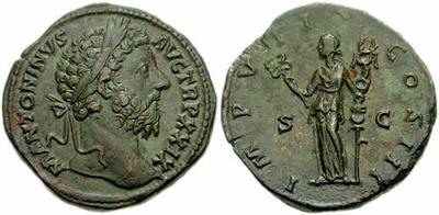 Sestercio de Marco Aurelio. IMP VII COS III - S C. Fides estante a izq. Roma. 175136.m