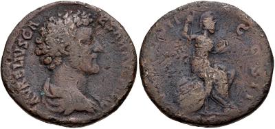 Sestercio de Marco Aurelio. TR POT VII COS II - S C. Minerva sedente a dcha. Roma. 4514020.m