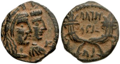 AE17 de Aretas IV con Saquilat. Cornucopias entrelazadas. Petra 411330.m