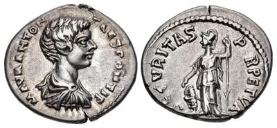Denario de Caracalla. SECVRITAS PERPETVA. Minerva a izq. Roma 7243530.m