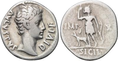 Denario forrado de Augusto. IMP X. Diana con perro. Lyon 1943671.m