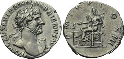 Denario de Adriano. P M TR COS III. Salus sedente a izq. Roma 2289273.m