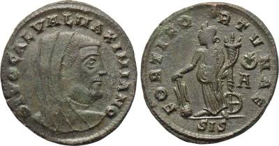 Nummus de Galerio Maximiano. FORTI FORTVNAE. Fortuna estante a izq. Siscia. 2797295.m