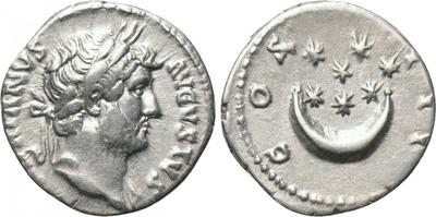  Denario de Adriano. COS III. Creciente y 7 estrellas. Roma 3206858.m