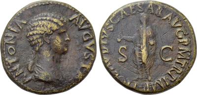 Dupondio de Antonia. TI CLAVDIVS CAESAR AVG P M TR P IMP. Claudio a izq. Roma 5356714.m