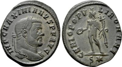 Nummus de Maximiano Hércules. GENIO POPVLI ROMANI. Genio a izq. Roma 7215291.m