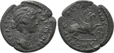 AE18 de Faustina II. ΘЄVΔΙΑΝΟϹ ΑΝЄΘΗΚЄ. Grifo a izq dch. Esmirna 7463670.m
