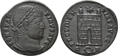 AE3 de Constantino I. PROVINENTIAE AVGG. Puerta de campamento. Roma 7788451.m