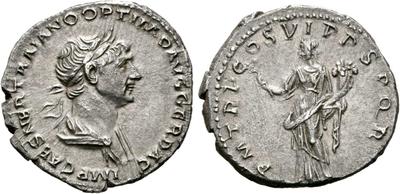 Denario de Trajano. PM TR P COS VI PP SPQR. Felicitas estante a izq. Roma. 4781494.m