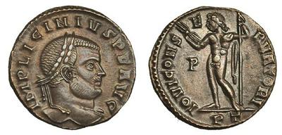 Nummus de Licinio I. IOVI CONSERVATORI. Júpiter a izq. Ticino 3680360.m