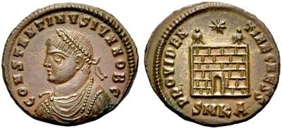 AE3 de Constantino II. PROVIDENTIAE CAESS. Puerta de campamento. Cycico 4034482.m