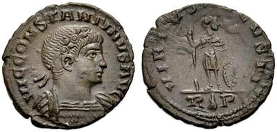 AE4 de Constantino II como augusto. VIRTVS AVGVSTI. Emperador a dch. Roma 4748578.m
