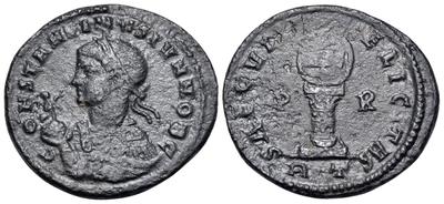 AE3 a nombre de Licinio II SAECVLI F-ELICITAS. Corona sobre columna. Roma 8590909.m