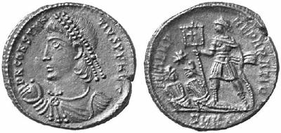 AE2 corto o 1/2 maiorina de Constancio II. FEL TEMP REPARATIO. Emperador y 2 cautivos. Cycico 74562.m