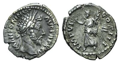 Denario de Marco Aurelio. IMP XVI COS III. Victoria a izq. Roma 3567697.m
