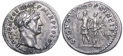 Denario de Trajano. SPQR OPTIMO PRINCIPI. Emperador coronado por victoria. Roma 1099540.m