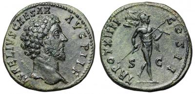 Sestercio de Marco Aurelio. TR POT XIIII COS II /S C. Marte 1537974.m