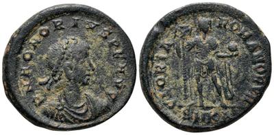 Decárgiro de  Honorio. GLORIA ROMANORVM. Emperador con lábaro. Cycico 2971846.m