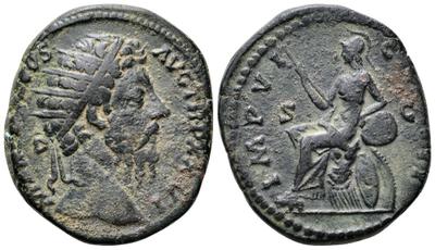 Dupondio de Marco Aurelio. IMP VI COS III S C. Roma sedente a izq. Roma. 3051525.m
