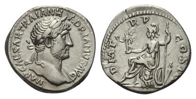 Denario de Adriano. PM TR P COS III. Roma sentada a izq. Roma 3847394.m